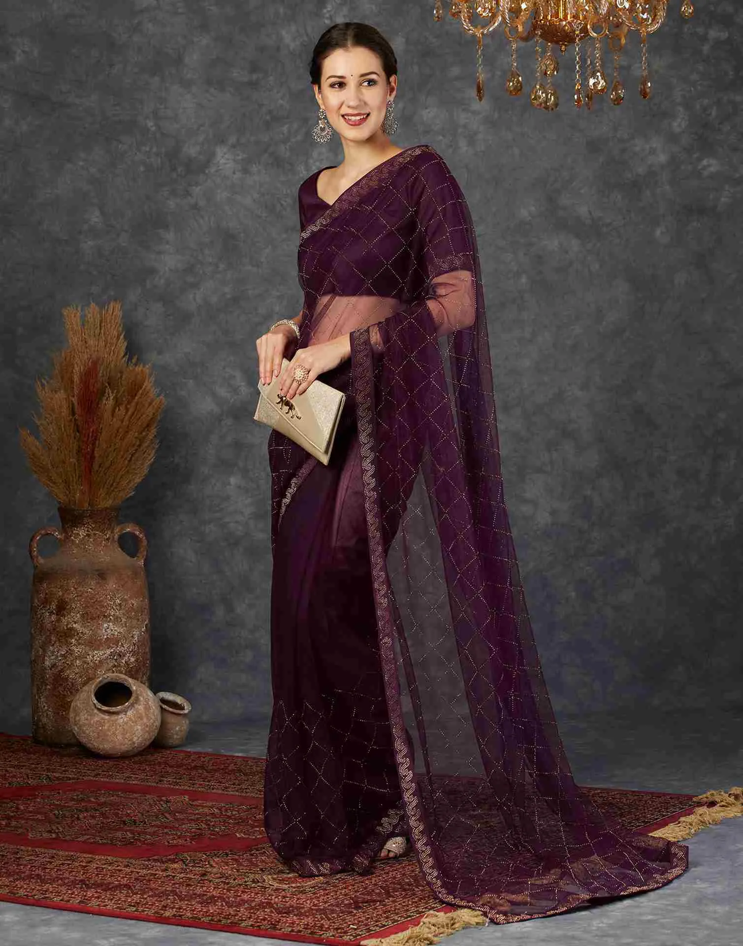 Wine Net Plain Printed Saree