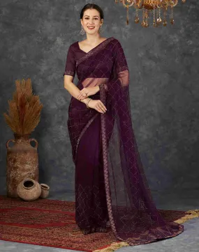 Wine Net Plain Printed Saree