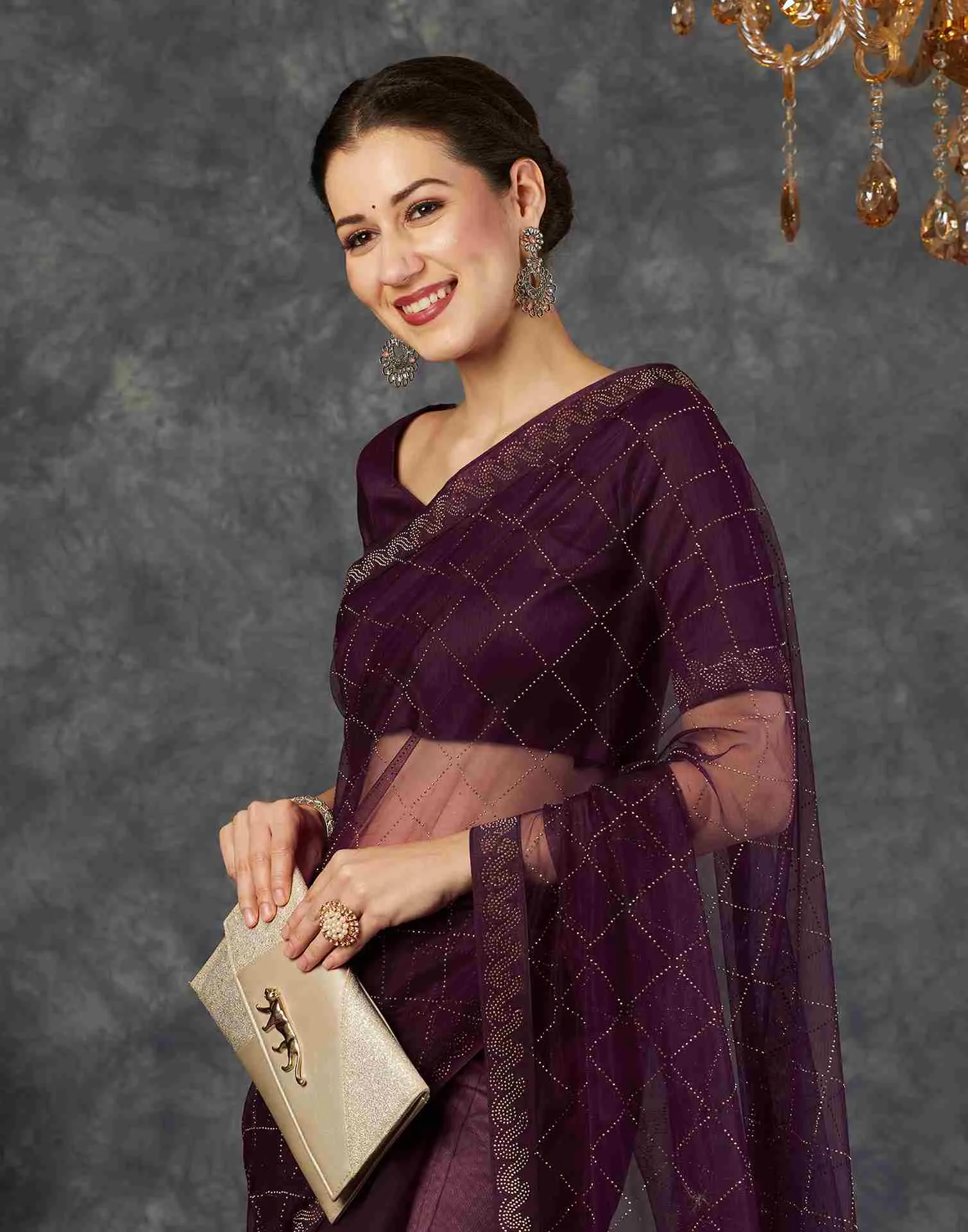 Wine Net Plain Printed Saree