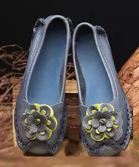 Women Navy Faux Leather Flower Splicing Flat Feet Shoes SL1028