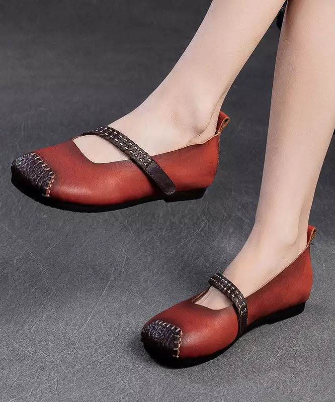 Women Red Cowhide Leather Splicing Flat Shoes SL1017