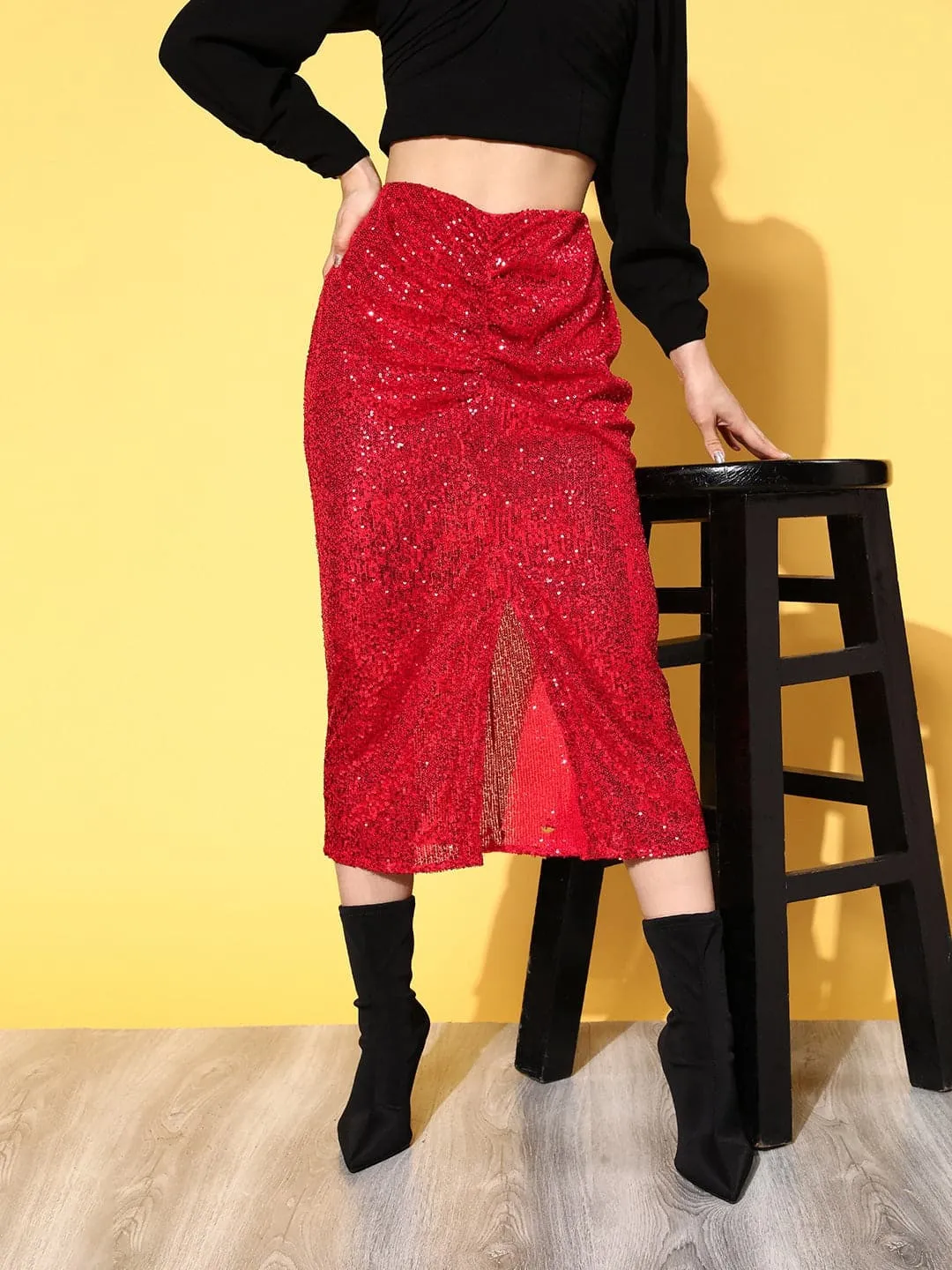 Women Red Sequin Midi Pencil Skirt