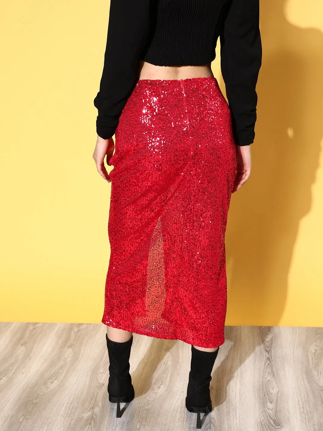 Women Red Sequin Midi Pencil Skirt