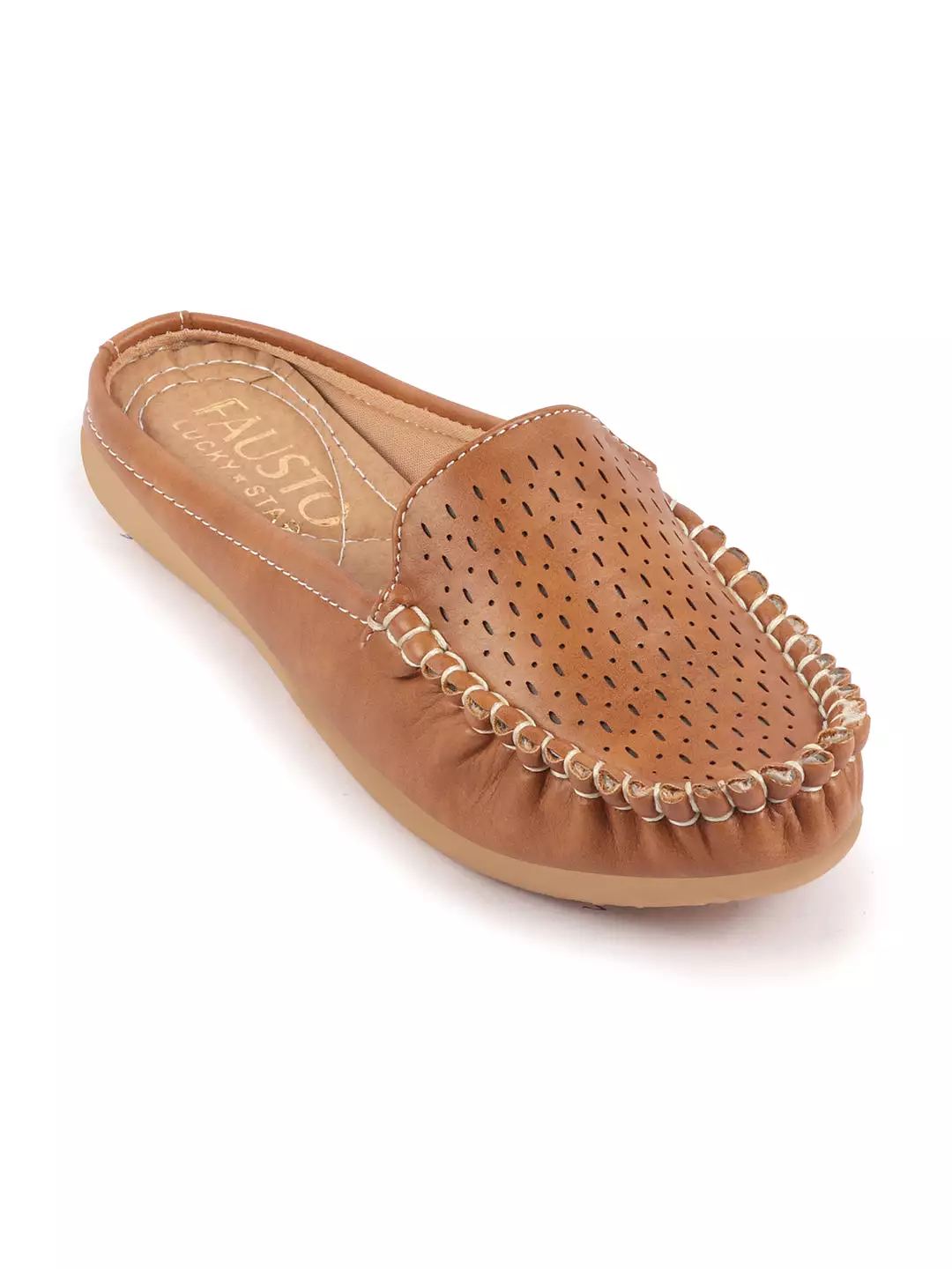 Women Tan Side Stitched Laser Cut Design Back Open Slip On Mules Shoes