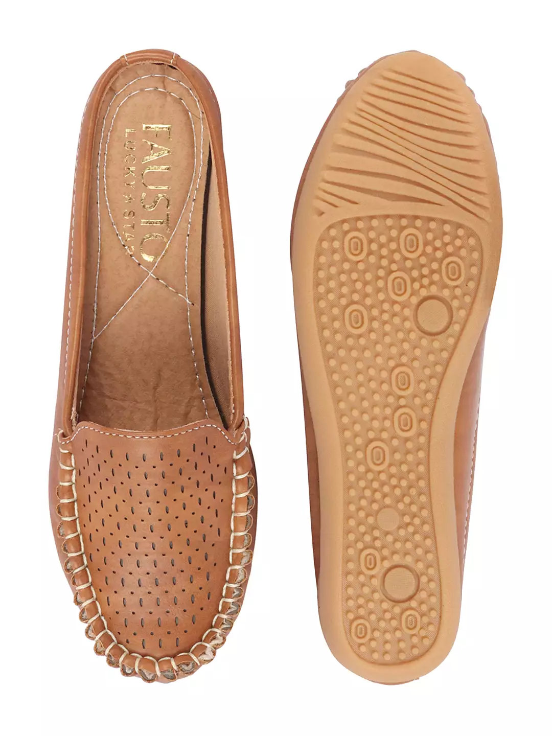 Women Tan Side Stitched Laser Cut Design Back Open Slip On Mules Shoes