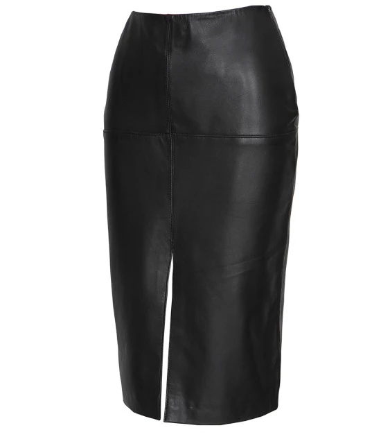 Women's Black Real Leather Midi Pencil Skirt