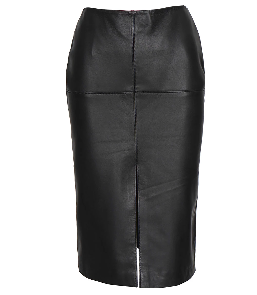 Women's Black Real Leather Midi Pencil Skirt