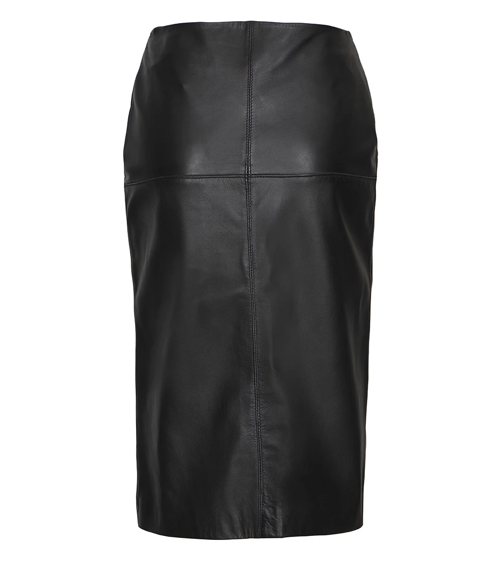 Women's Black Real Leather Midi Pencil Skirt