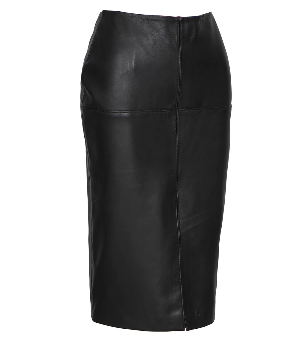 Women's Black Real Leather Midi Pencil Skirt