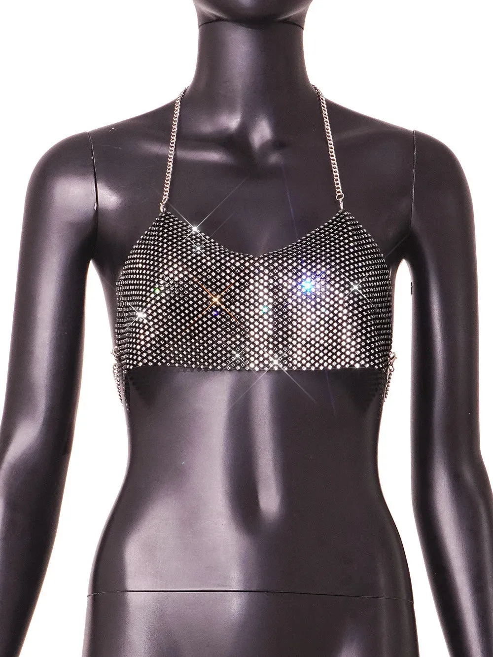 Women's Fish Net Diamond Sexy Hanging Neck Strap V-neck Tank Top