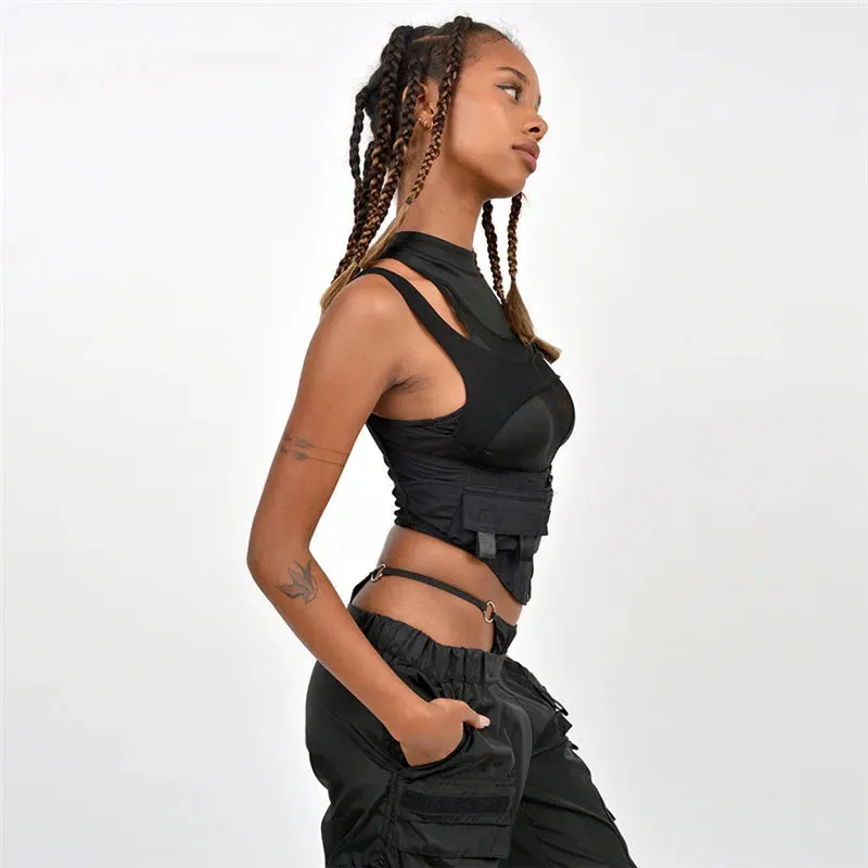 Women's Sexy Black See-Through Mesh Patchwork Sleeveless Cropped Tank Top