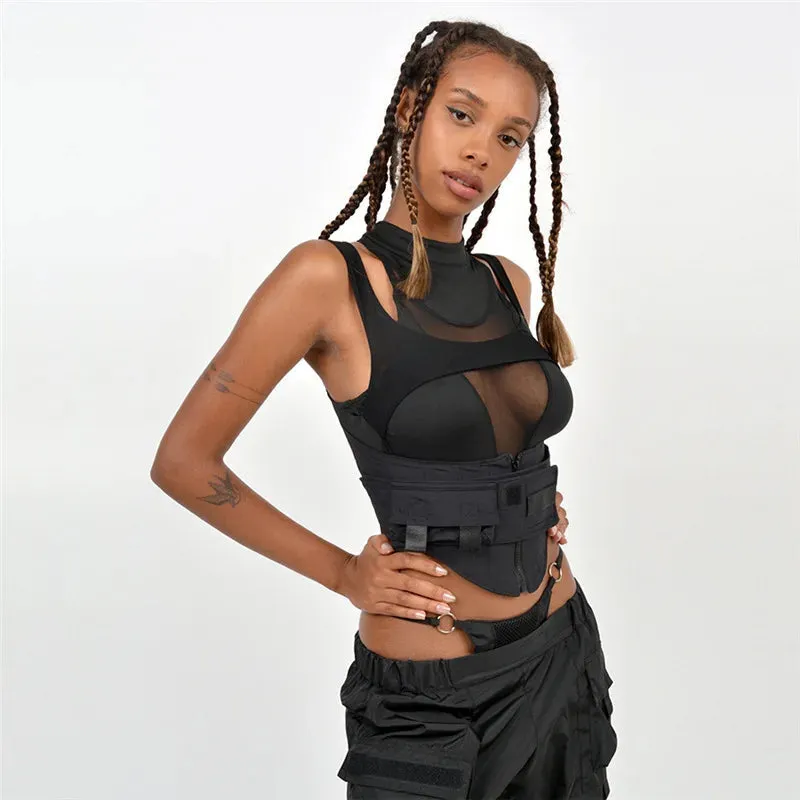 Women's Sexy Black See-Through Mesh Patchwork Sleeveless Cropped Tank Top