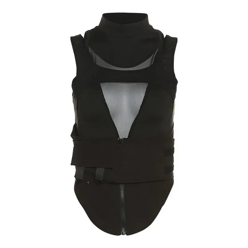 Women's Sexy Black See-Through Mesh Patchwork Sleeveless Cropped Tank Top