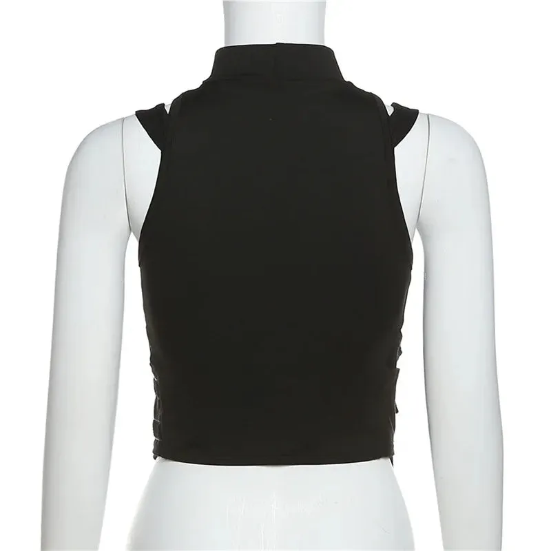 Women's Sexy Black See-Through Mesh Patchwork Sleeveless Cropped Tank Top