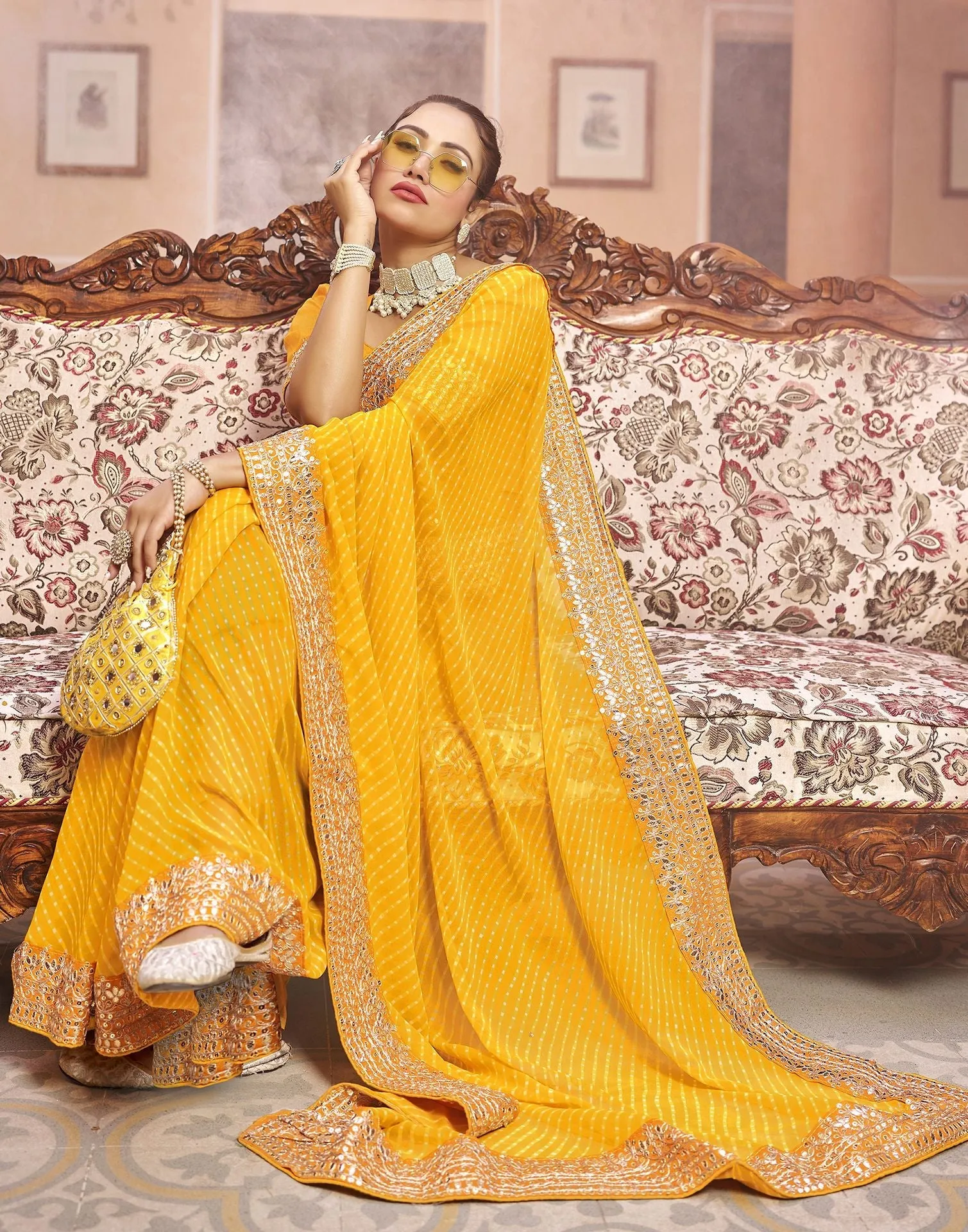 Yellow Plain Gergette Saree